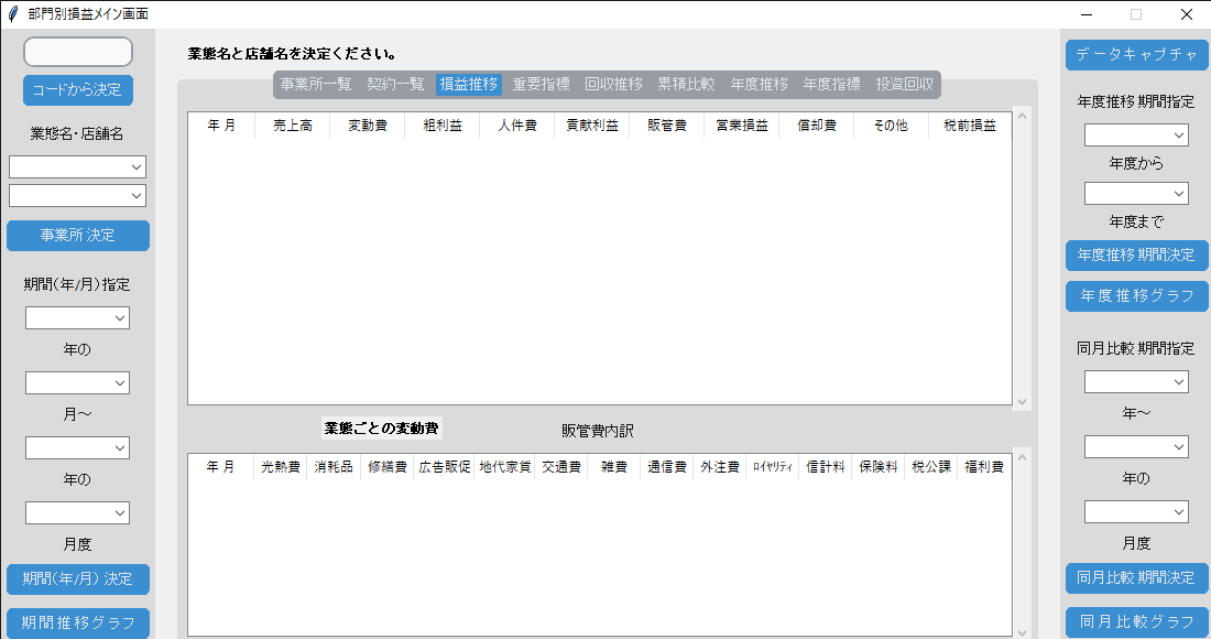 部門別損益メイン画面